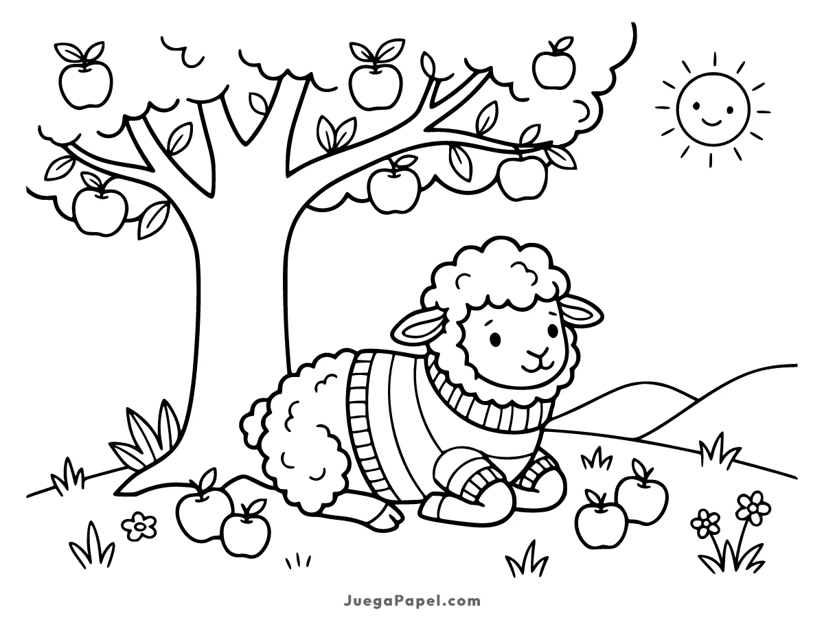 Dibujo para colorear e imprimir de Oveja Tierna Descansando Bajo un Manzano con Sol Sonriente