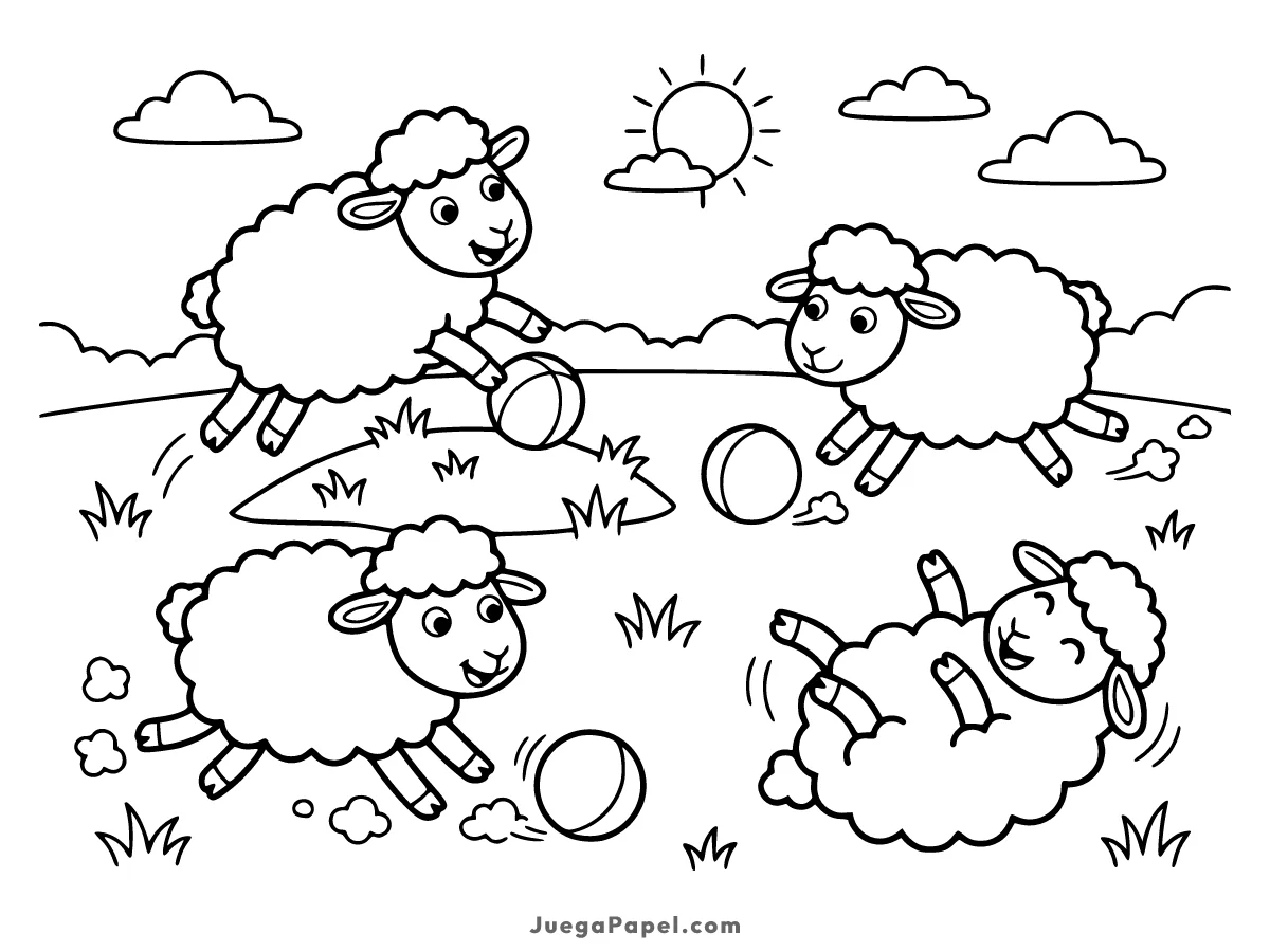 Dibujo para colorear e imprimir de Ovejas Jugando en el Campo
