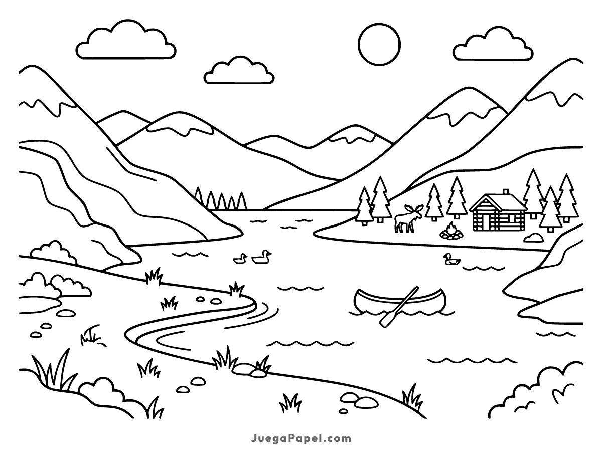 Dibujo para colorear e imprimir de Paisaje de Montaña con Lago y Cabaña