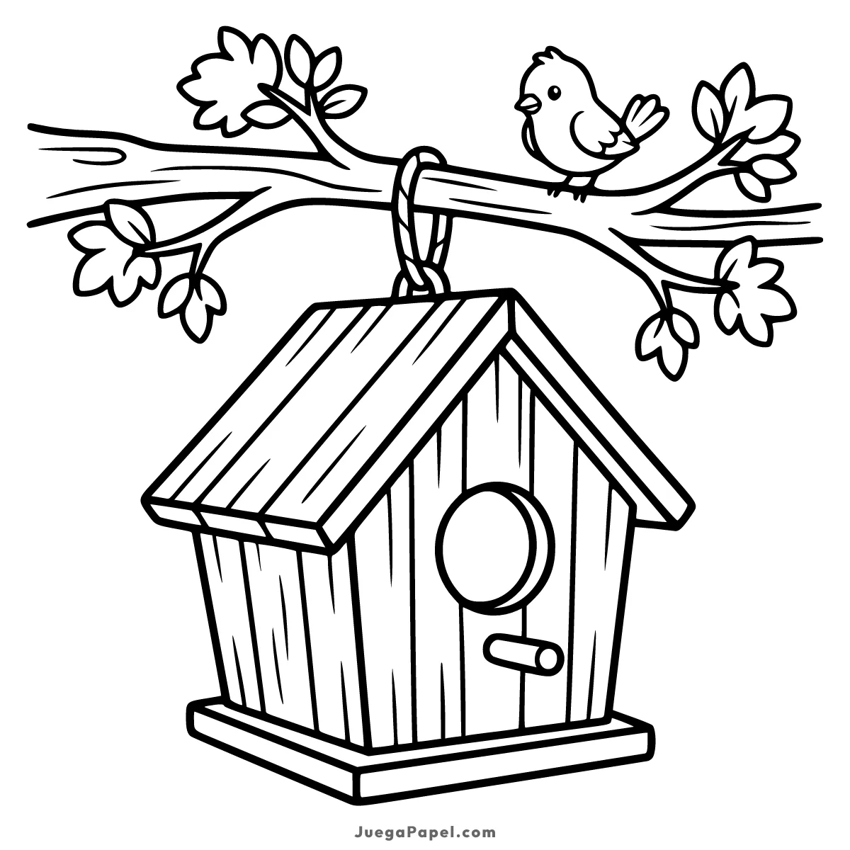 Dibujo para colorear e imprimir de Pajarito en Casita de Madera