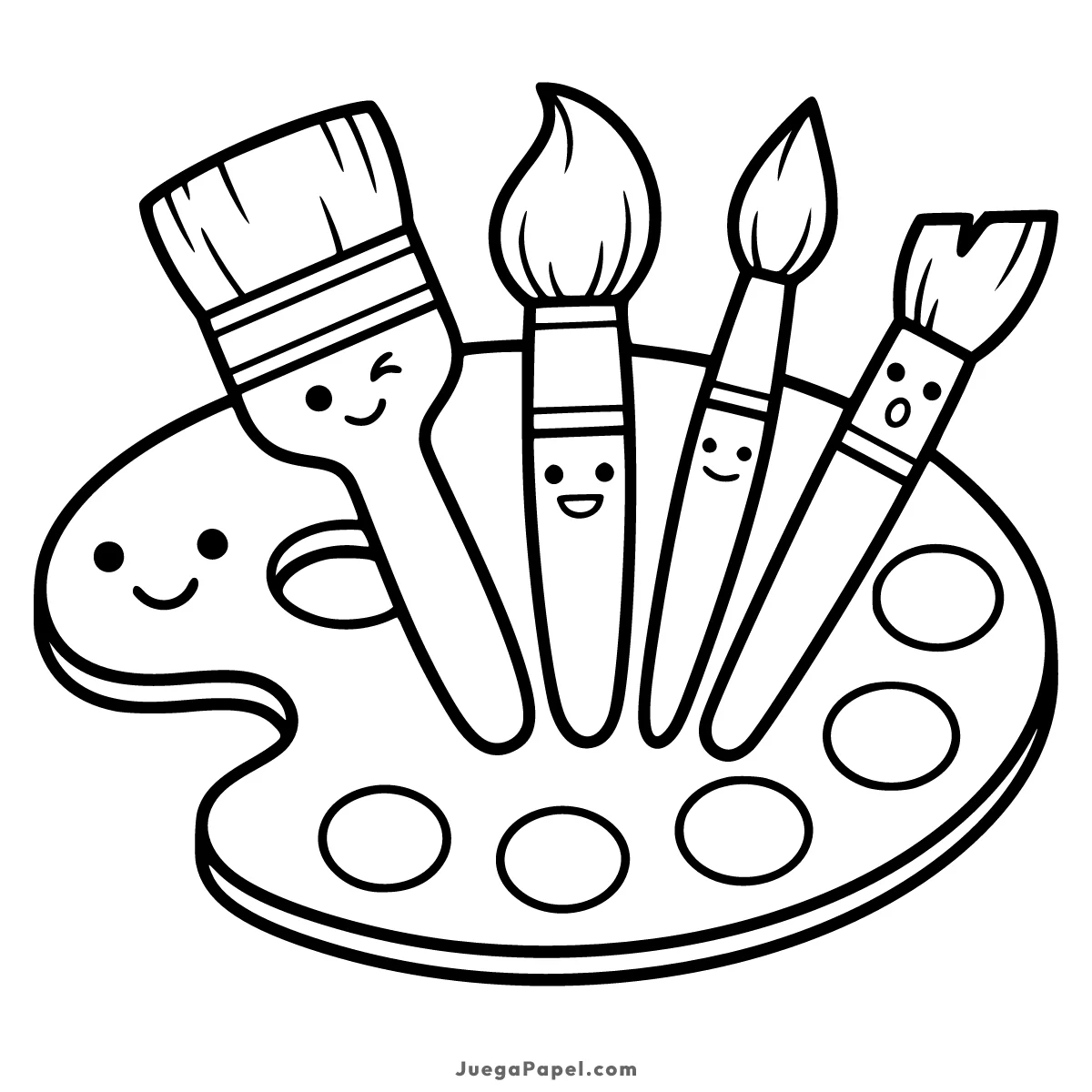 Dibujo para colorear e imprimir de Paleta de Pintura y Pinceles Kawaii