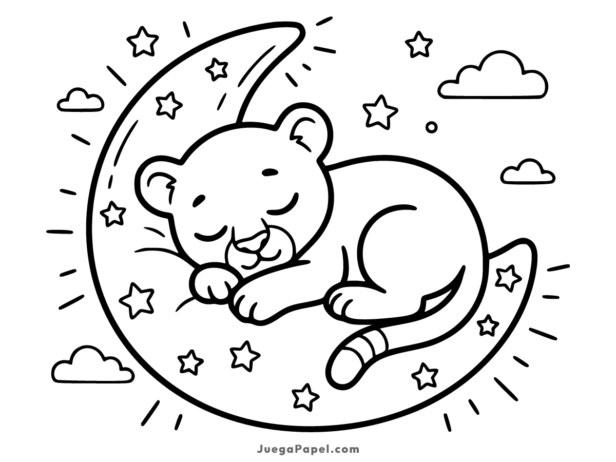 Dibujo para colorear e imprimir de Pantera Durmiendo en la Luna con Estrellas