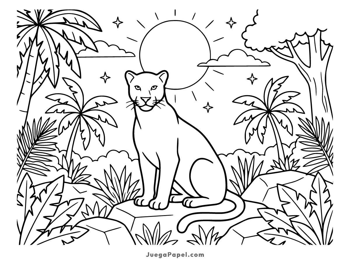 Dibujo para colorear e imprimir de Pantera en la Jungla Tropical
