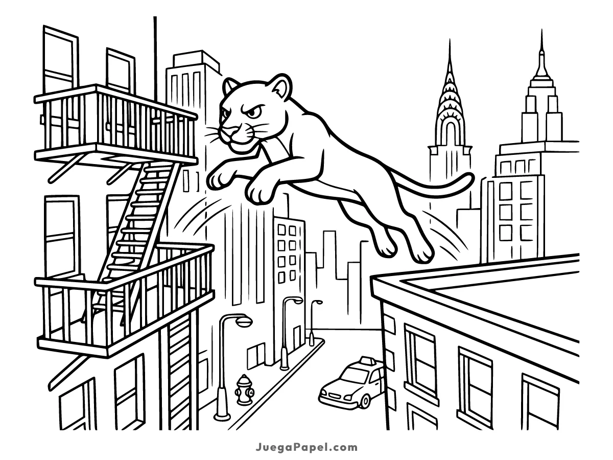Dibujo para colorear e imprimir de Pantera Saltando entre los Edificios de la Ciudad