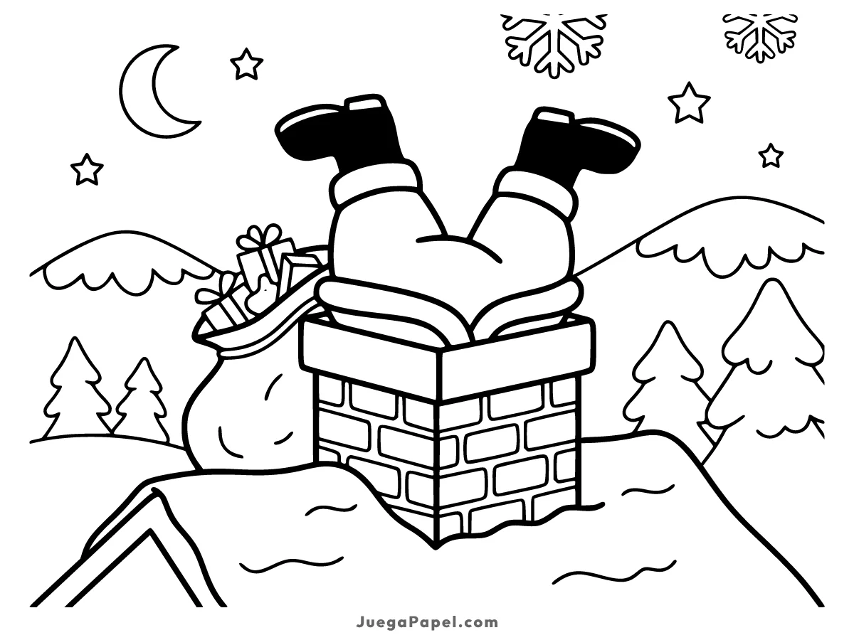 Dibujo para colorear e imprimir de Papá Noel Atascado Bocabajo en la Chimenea