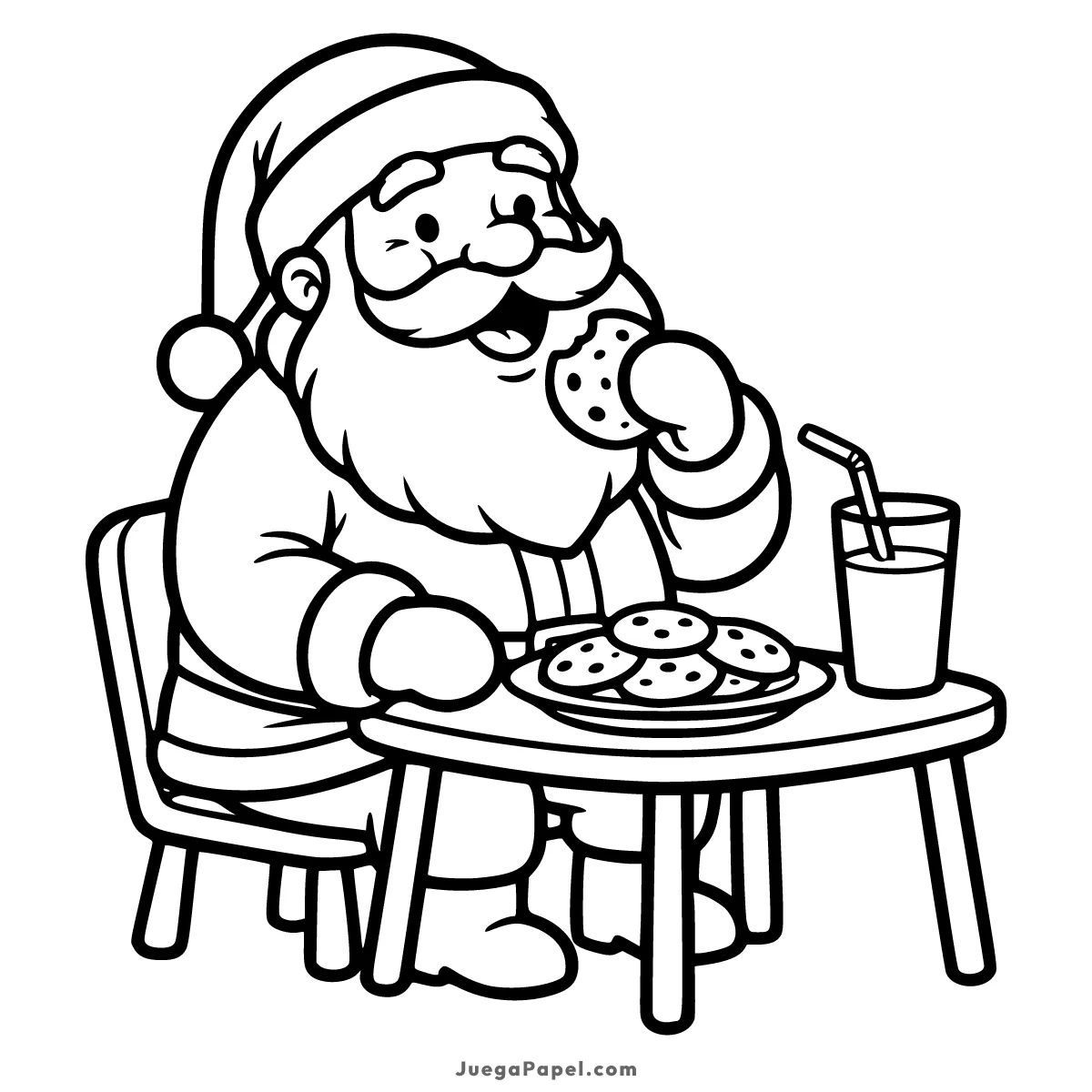 Dibujo para colorear e imprimir de Papá Noel Comiendo Galletas