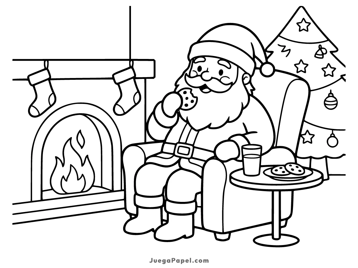 Dibujo para colorear e imprimir de Papá Noel Comiendo Galletas