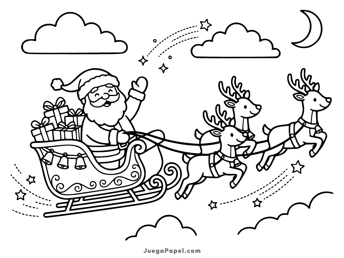 Dibujo para colorear e imprimir de Papá Noel en Trineo