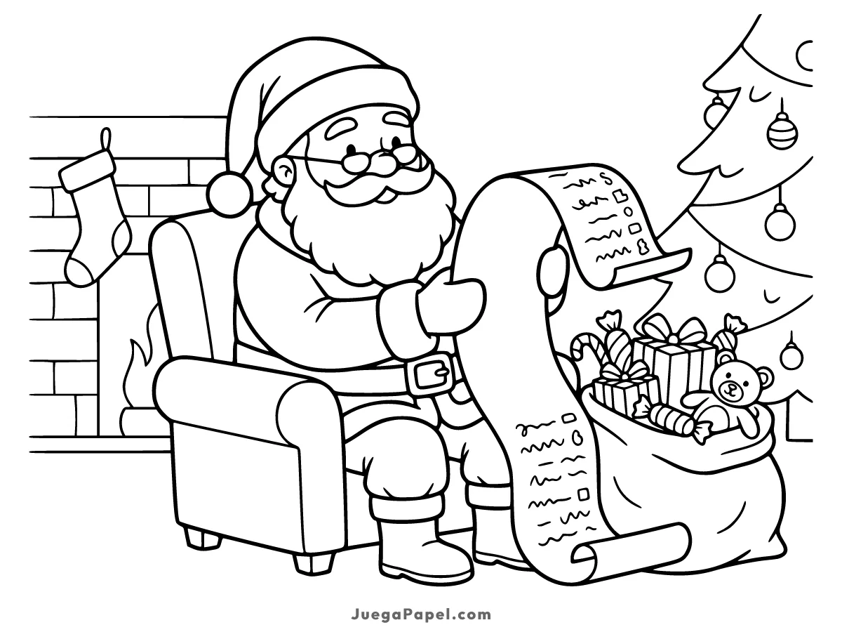 Dibujo para colorear e imprimir de Papá Noel Leyendo la Lista de Regalos