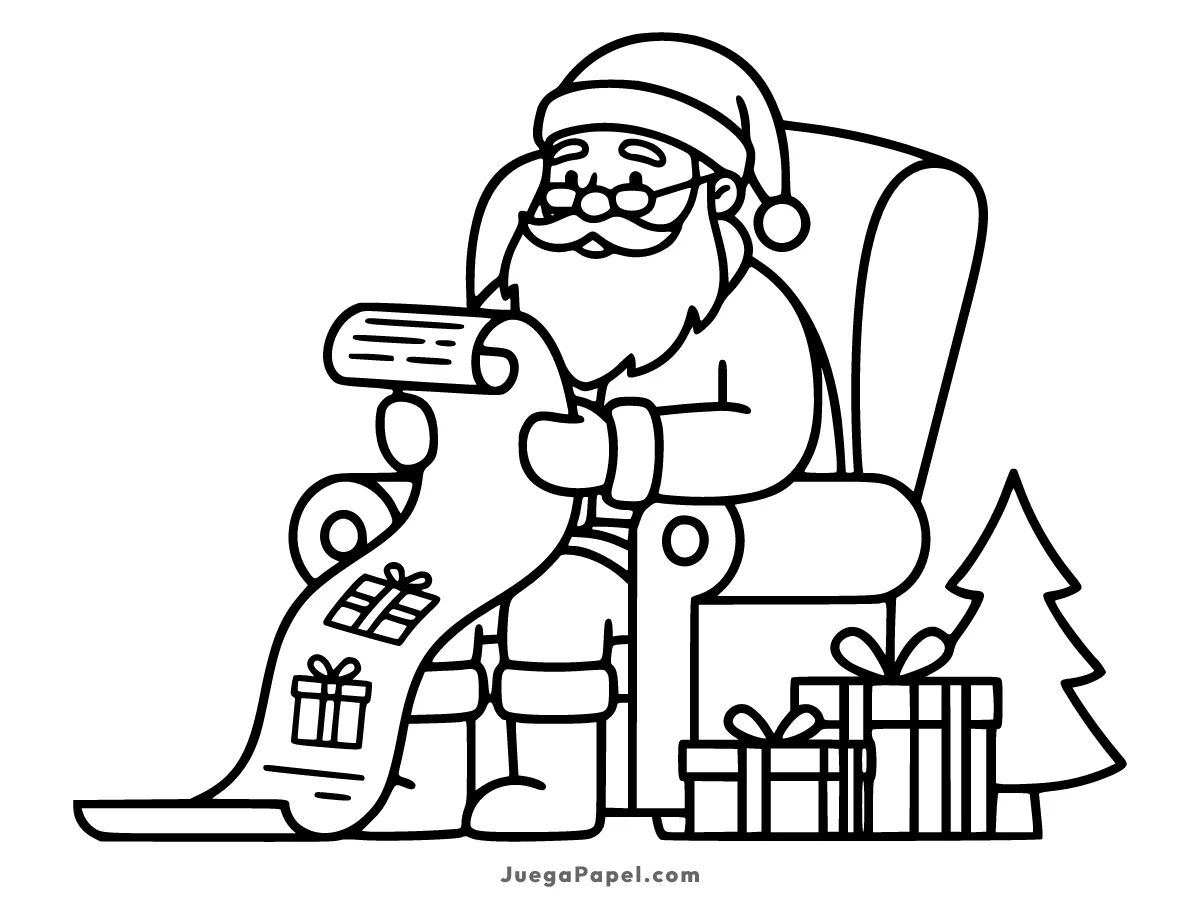 Dibujo para colorear e imprimir de Papá Noel Leyendo Lista de Regalos