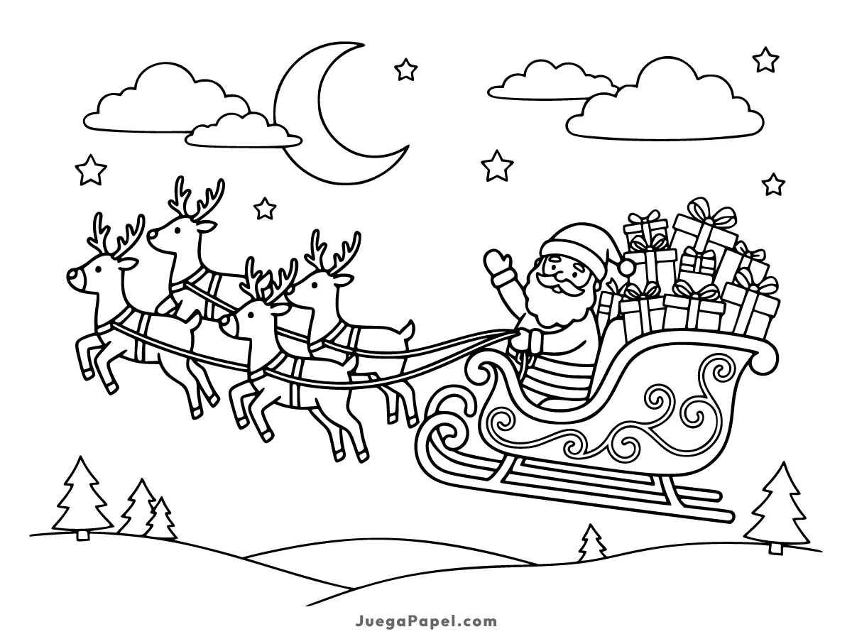Dibujo para colorear e imprimir de Papá Noel Volando Con Sus Renos