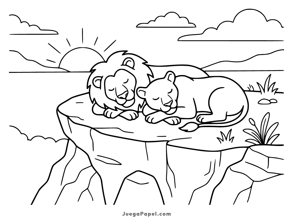 Dibujo para colorear e imprimir de Pareja de Leones Durmiendo