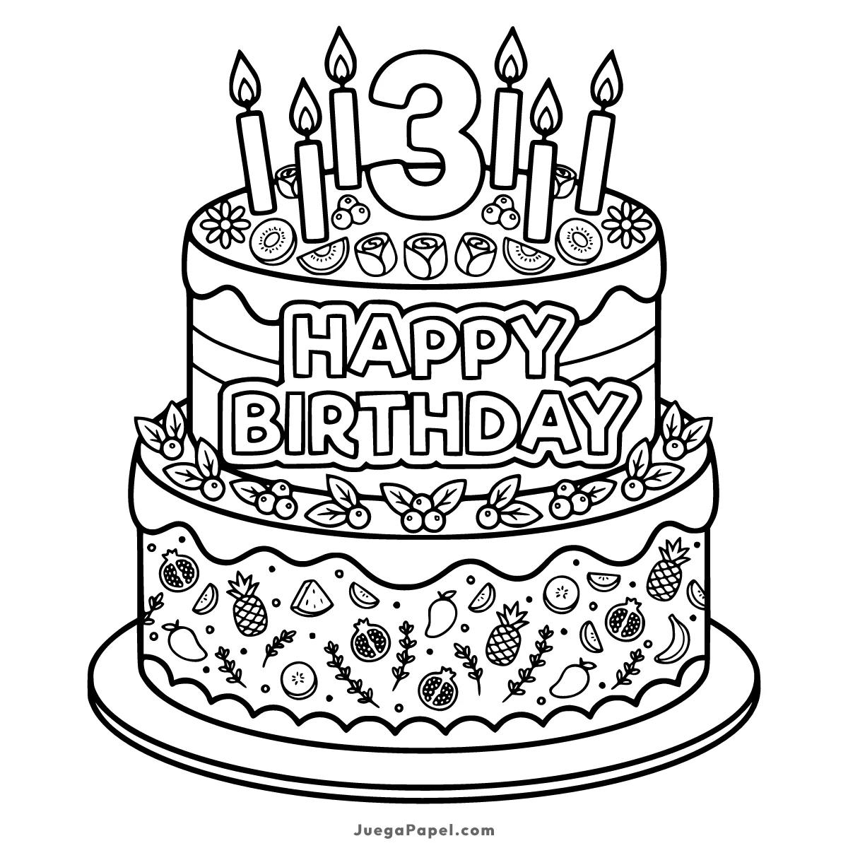 Dibujo para colorear e imprimir de Pastel de Cumpleaños Número 3 con Frutas