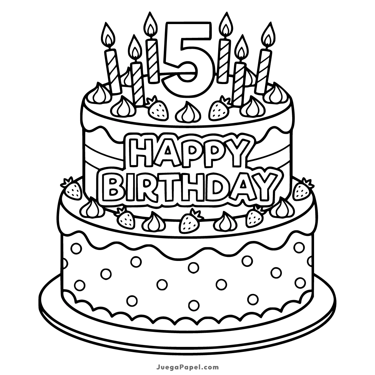 Dibujo para colorear e imprimir de Pastel de Cumpleaños para 5 Años