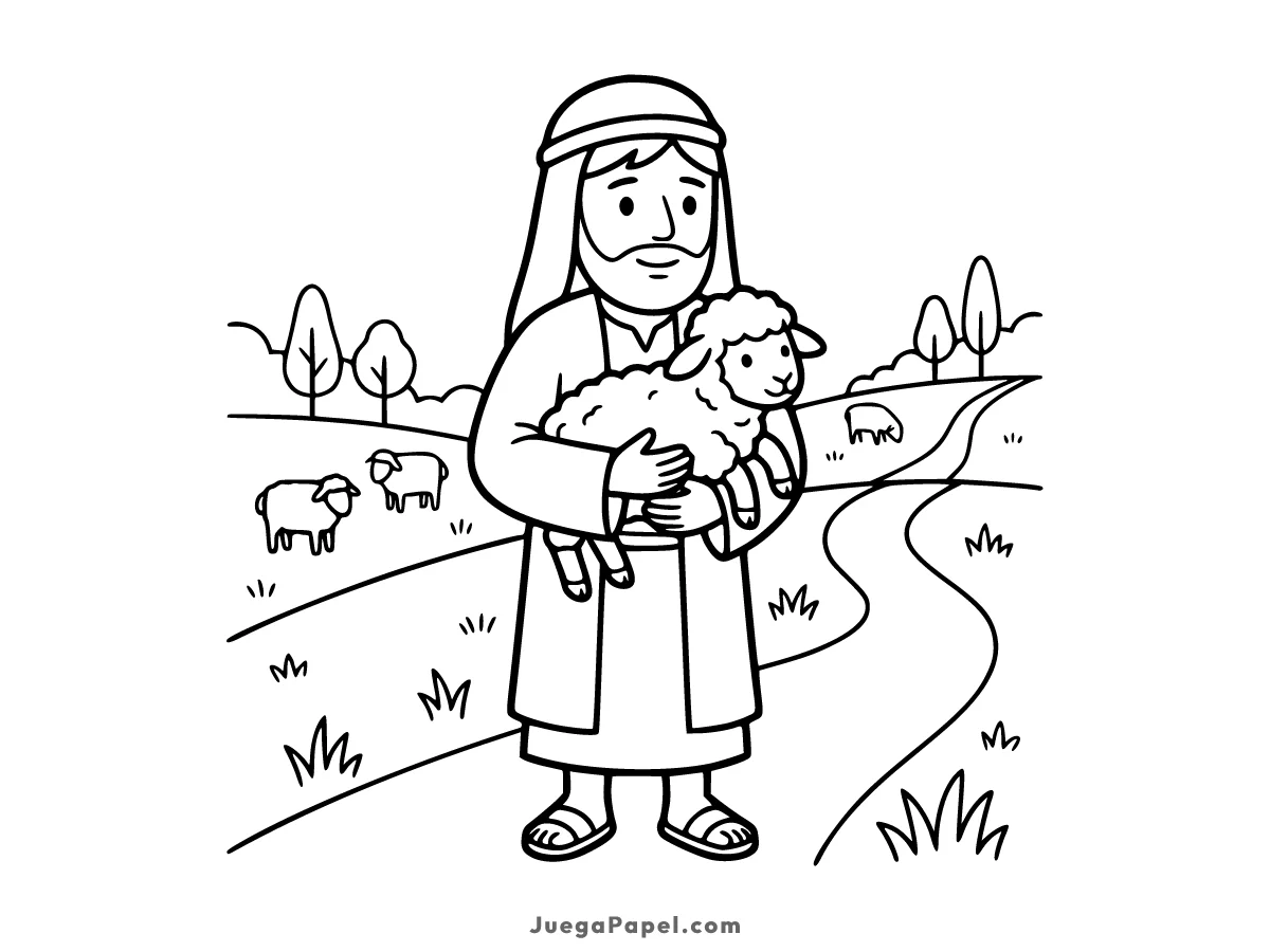 Dibujo para colorear e imprimir de Pastor Sosteniendo Una Ovejita en el Prado