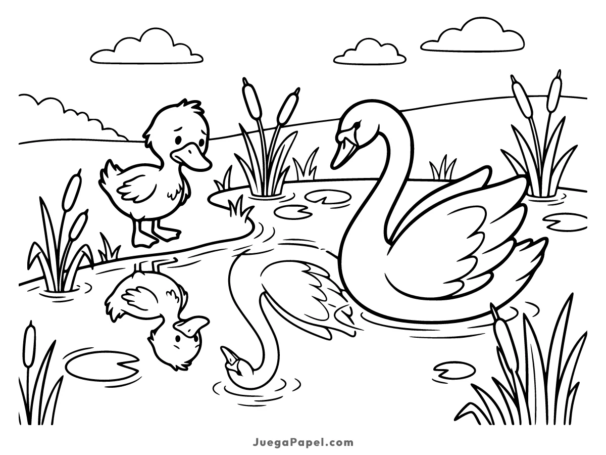 Dibujo para colorear e imprimir de Patito Feo y Cisne