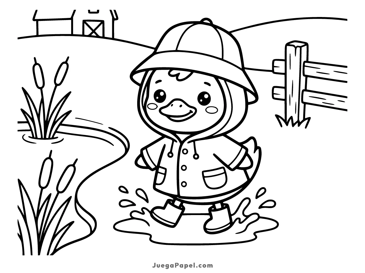 Dibujo para colorear e imprimir de Patito tierno con chubasquero saltando en un charco