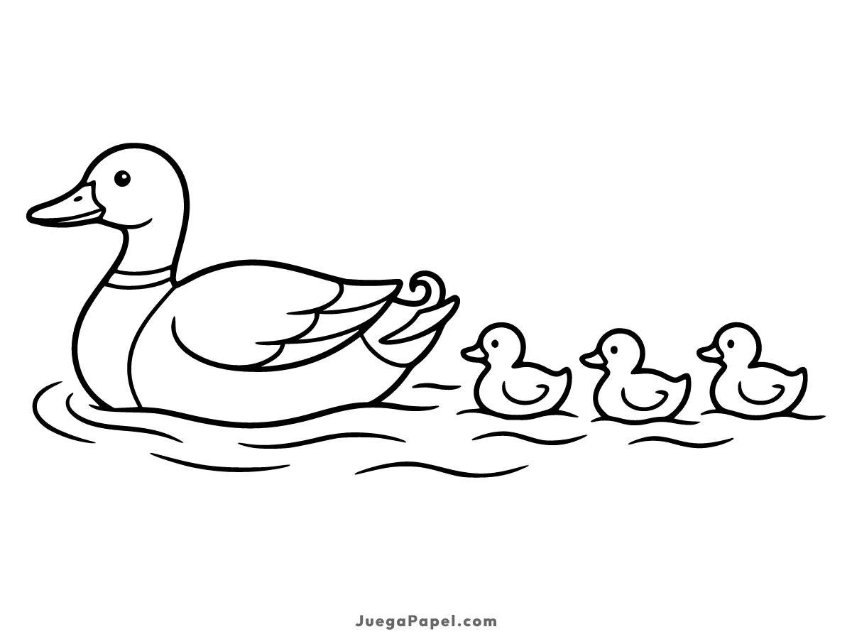 Dibujo para colorear e imprimir de Pato con Patitos Nadando