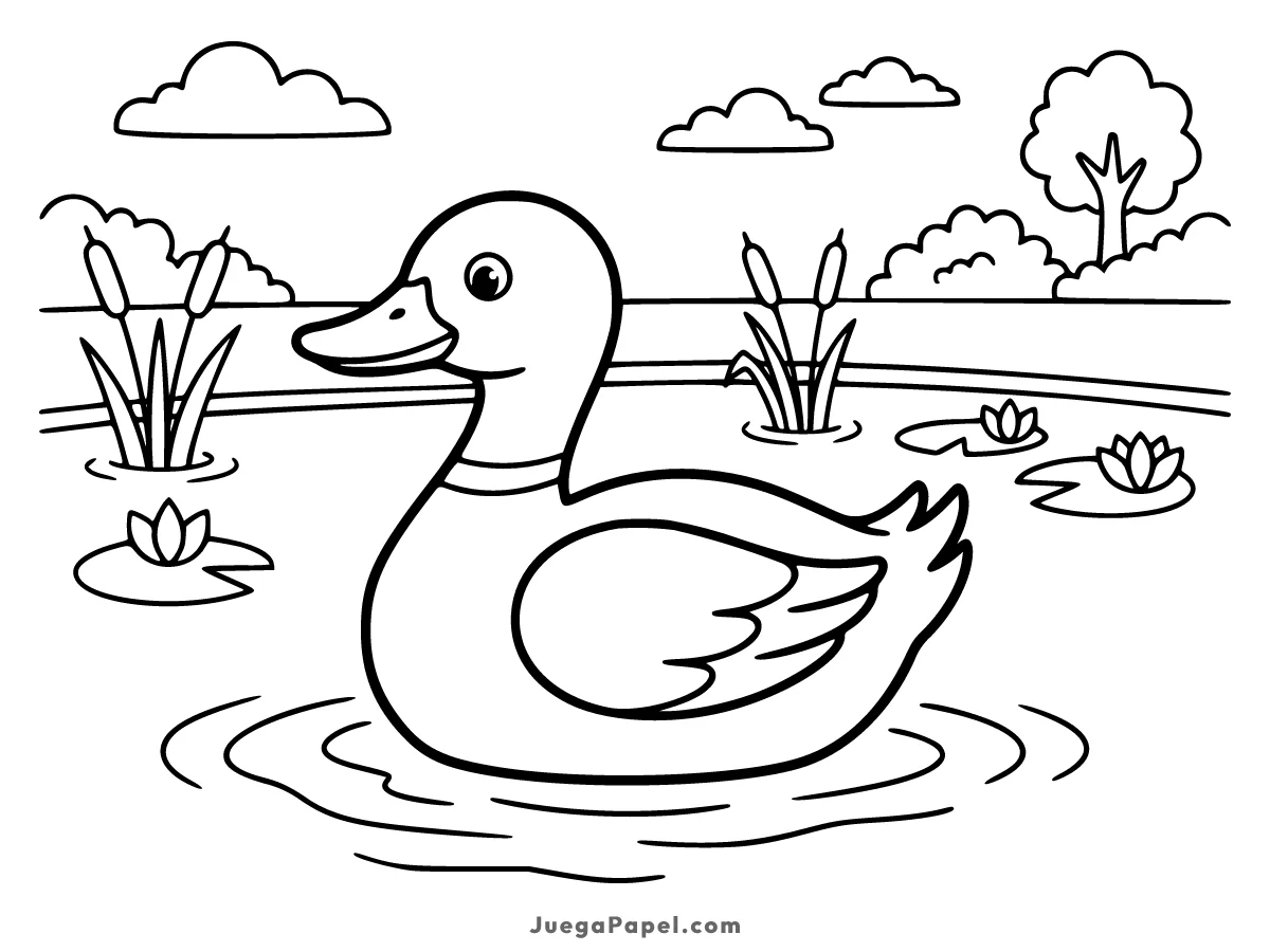 Dibujo para colorear e imprimir de Pato Feliz Nadando en el Estanque
