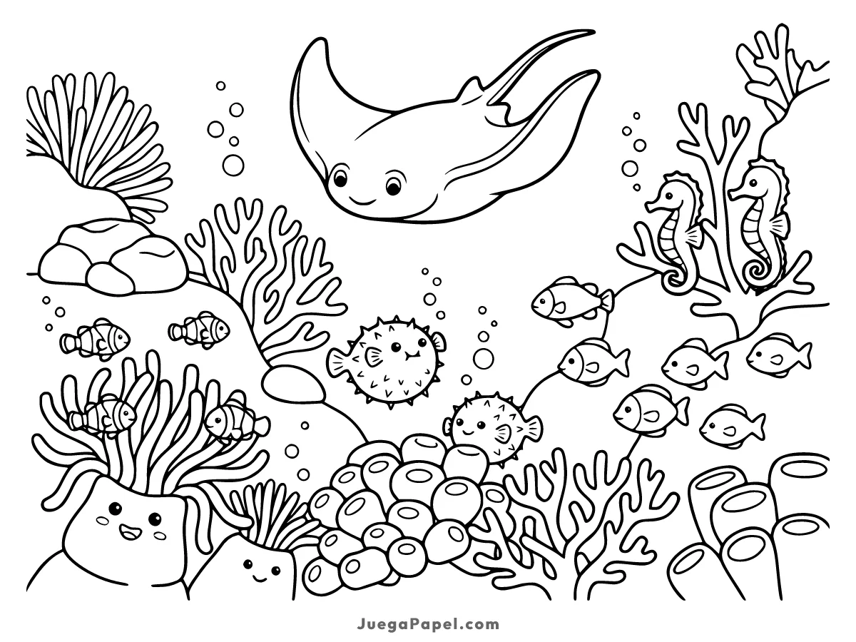 Dibujo para colorear e imprimir de Peces en el Arrecife de Coral