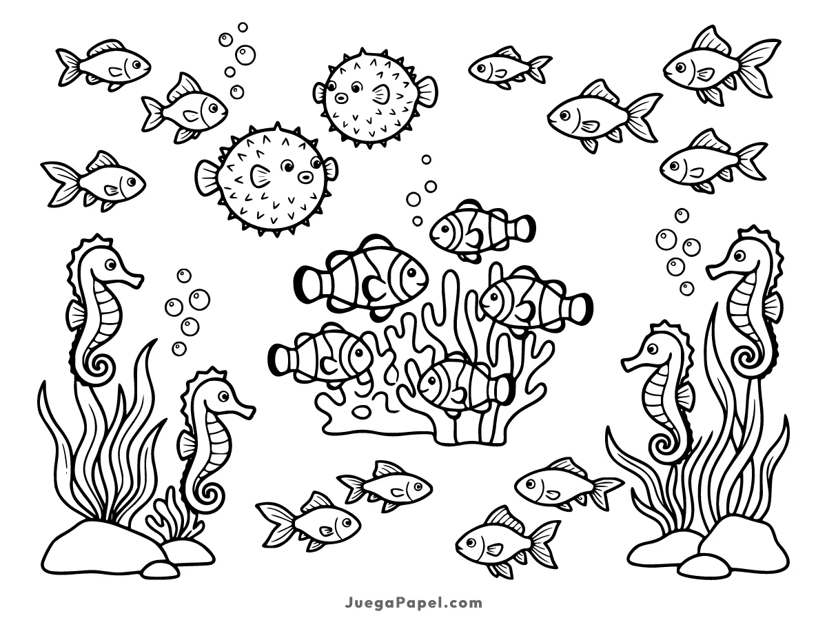 Dibujo para colorear e imprimir de Peces y Caballitos de Mar