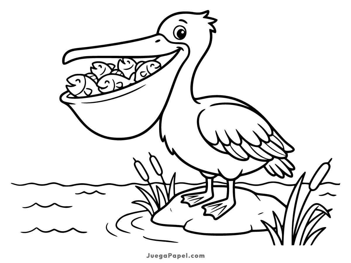 Dibujo para colorear e imprimir de Pelícano con Peces