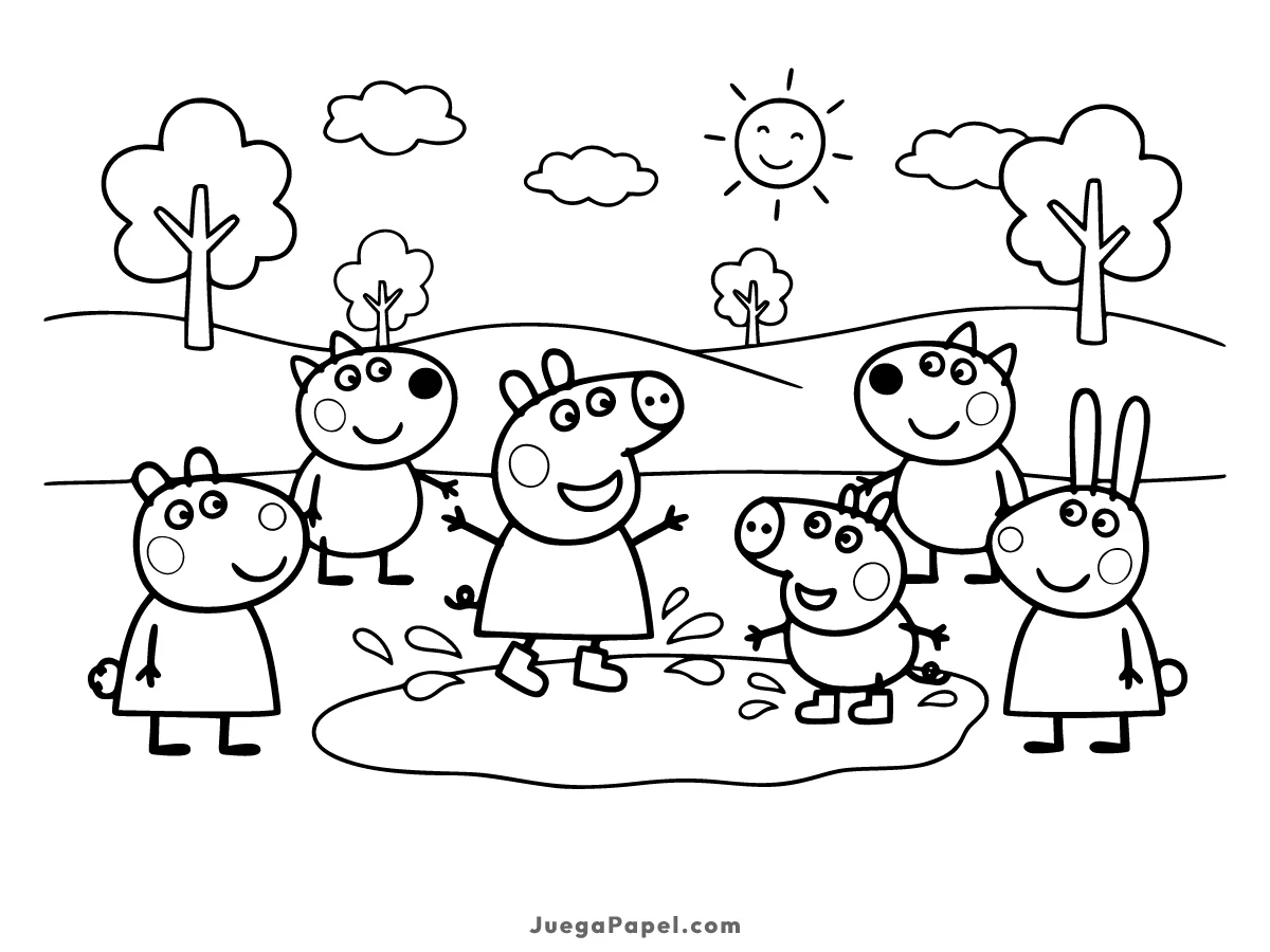 Dibujo para colorear e imprimir de Peppa Pig con sus amigos