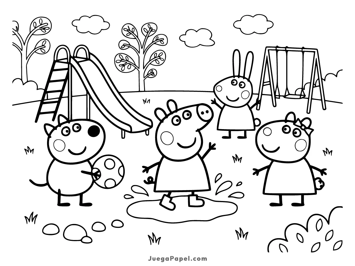 Dibujo para colorear e imprimir de Peppa Pig jugando con amigos