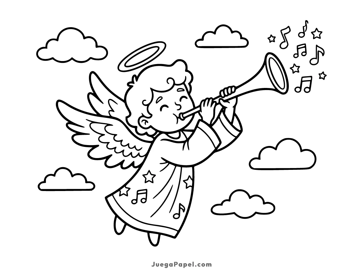 Dibujo para colorear e imprimir de Pequeño Ángel Músico Entre Nubes