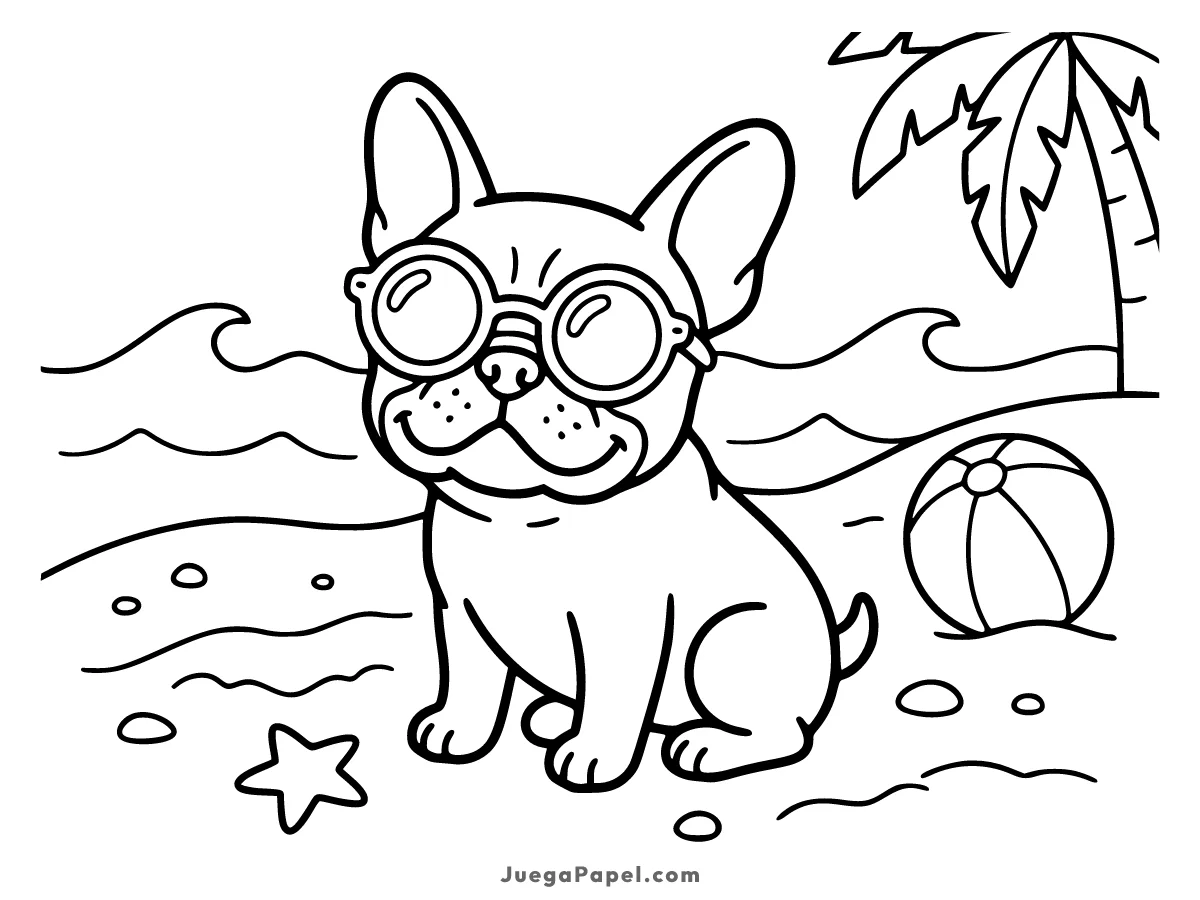 Dibujo para colorear e imprimir de Perrito en la Playa con Gafas de Sol