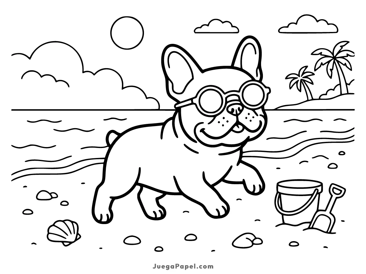 Dibujo para colorear e imprimir de Perrito en la Playa con Gafas de Sol