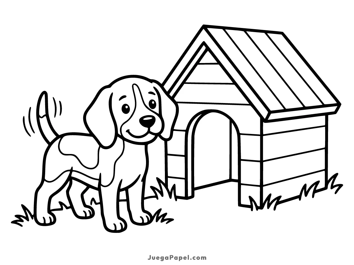 Dibujo para colorear e imprimir de Perrito Feliz Junto a su Caseta