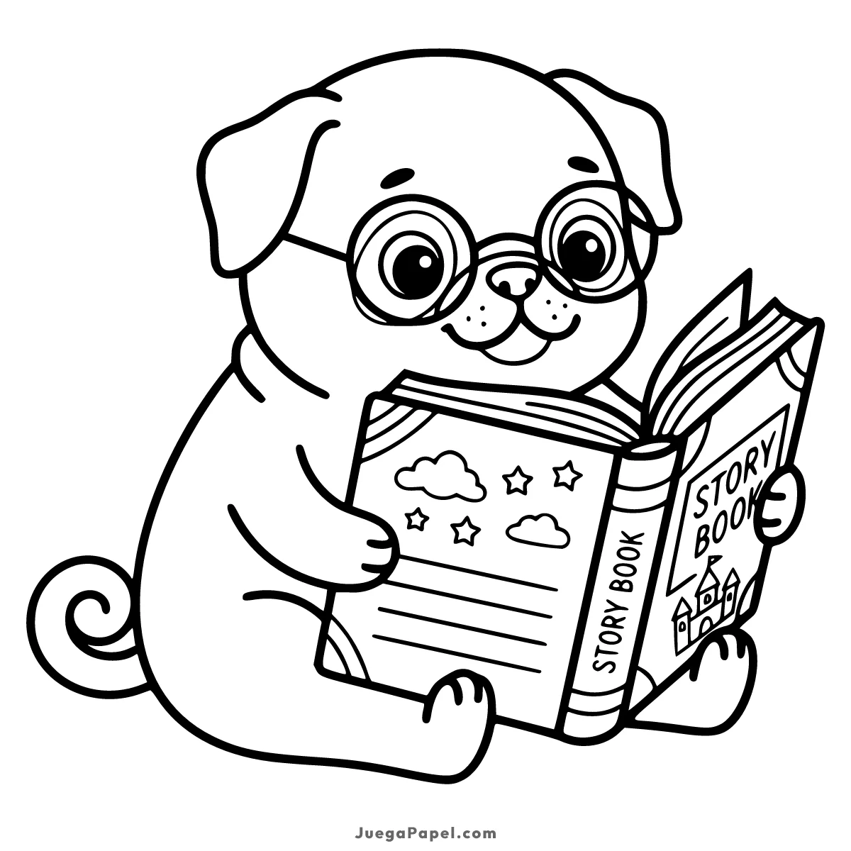 Dibujo para colorear e imprimir de Perrito Pug Leyendo un Libro de Cuentos