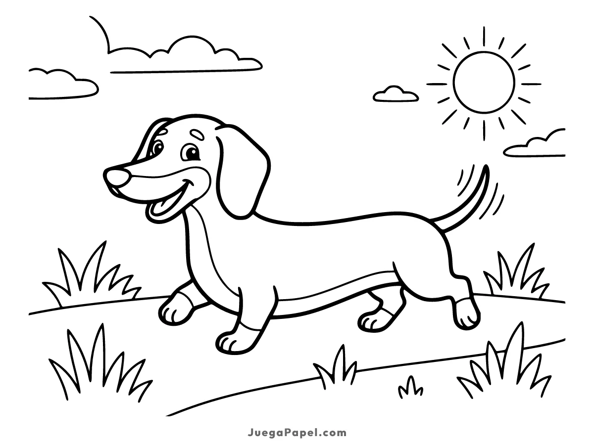 Dibujo para colorear e imprimir de Perro Salchicha Paseando Felizmente