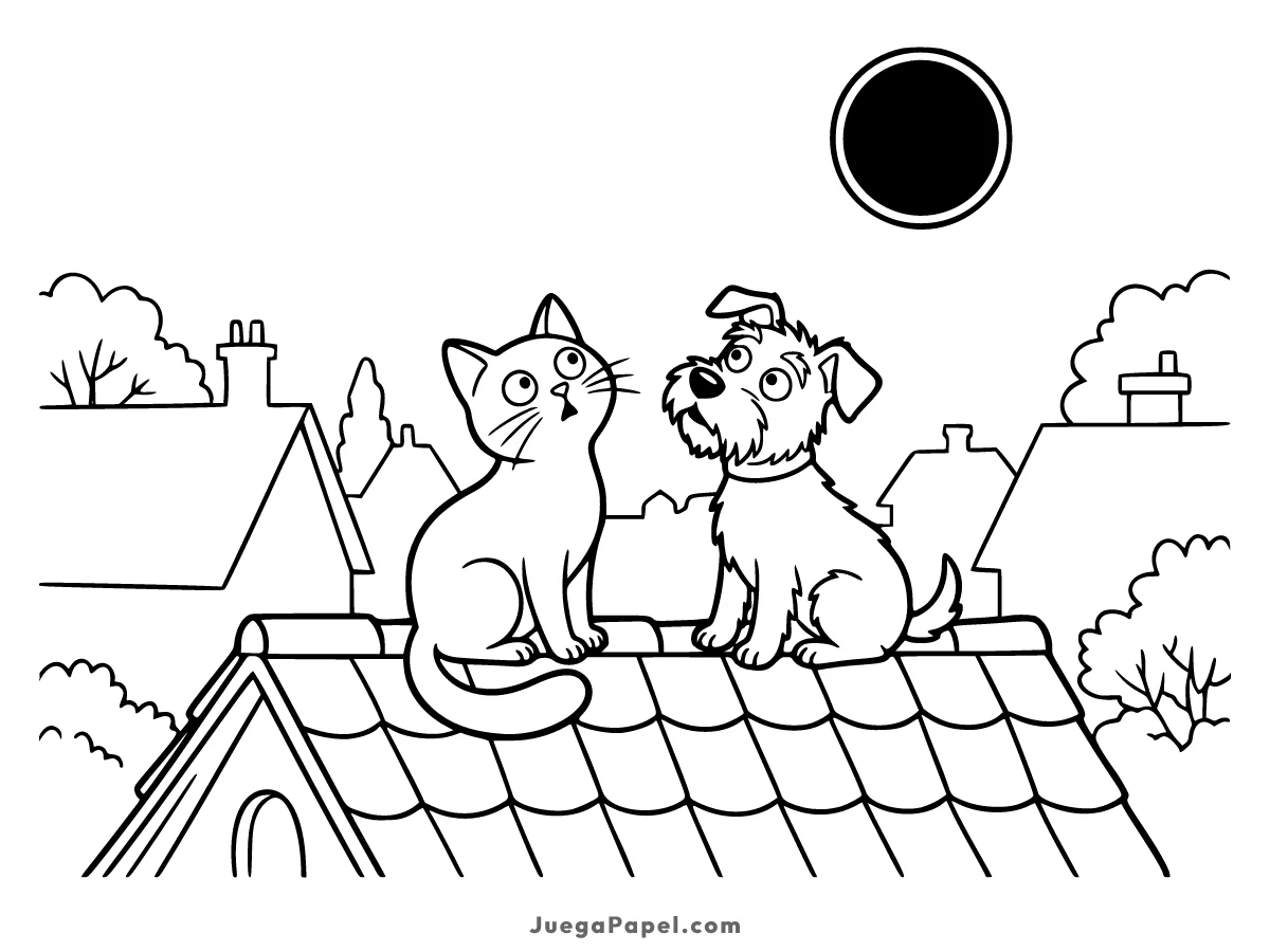 Dibujo para colorear e imprimir de Perro y Gato Mirando Eclipse Solar