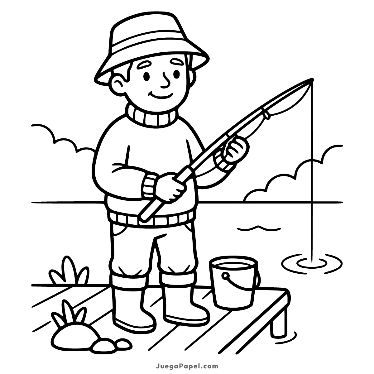 Dibujo para colorear e imprimir de Pescador Feliz en el Muelle