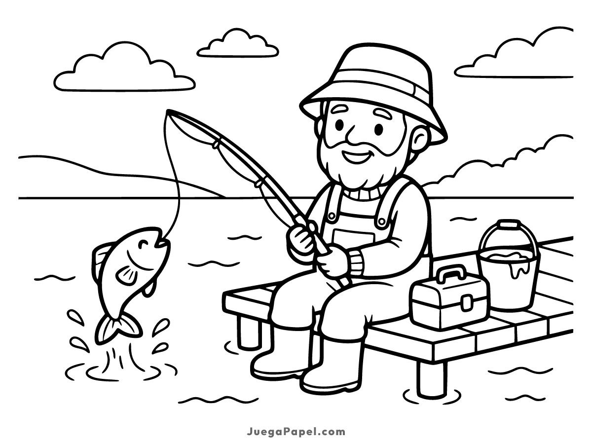Dibujo para colorear e imprimir de Pescador Feliz en el Muelle