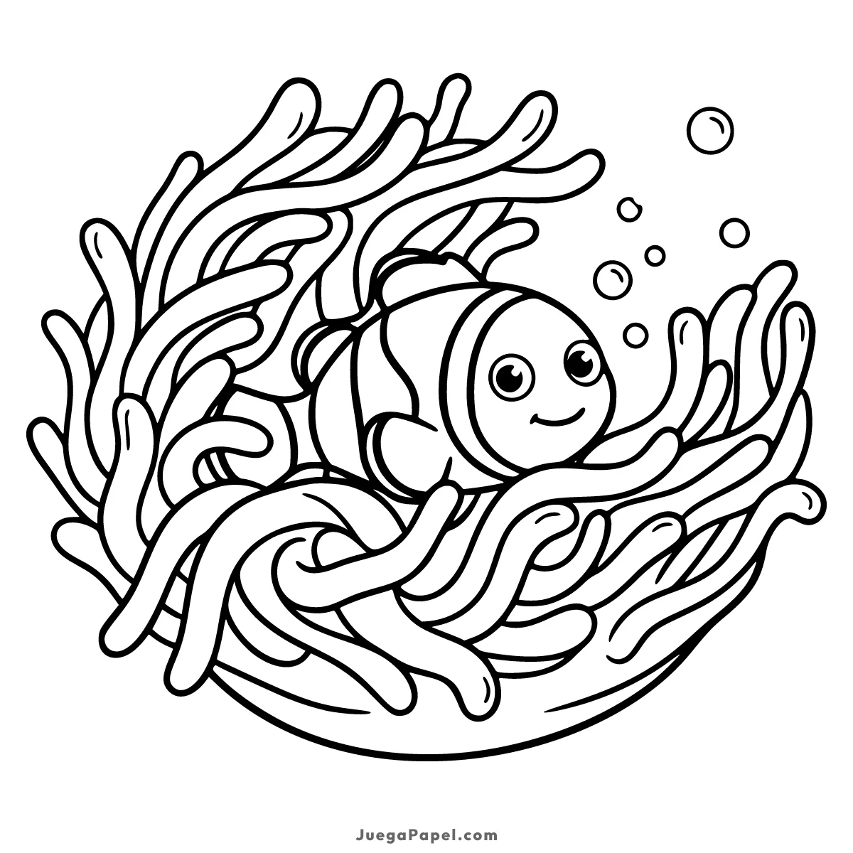 Dibujo para colorear e imprimir de Pez Payaso Sonriente en su Anémona