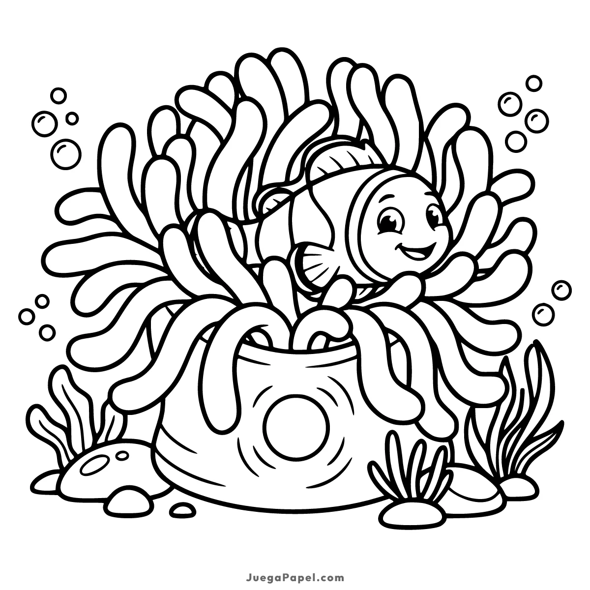 Dibujo para colorear e imprimir de Pez Payaso Sonriente en una Anémona