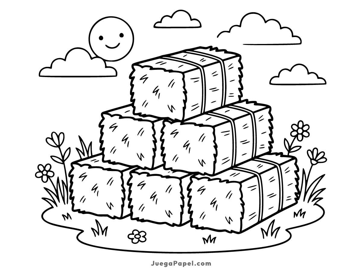 Dibujo para colorear e imprimir de Pila de Pacas de Heno en la Granja
