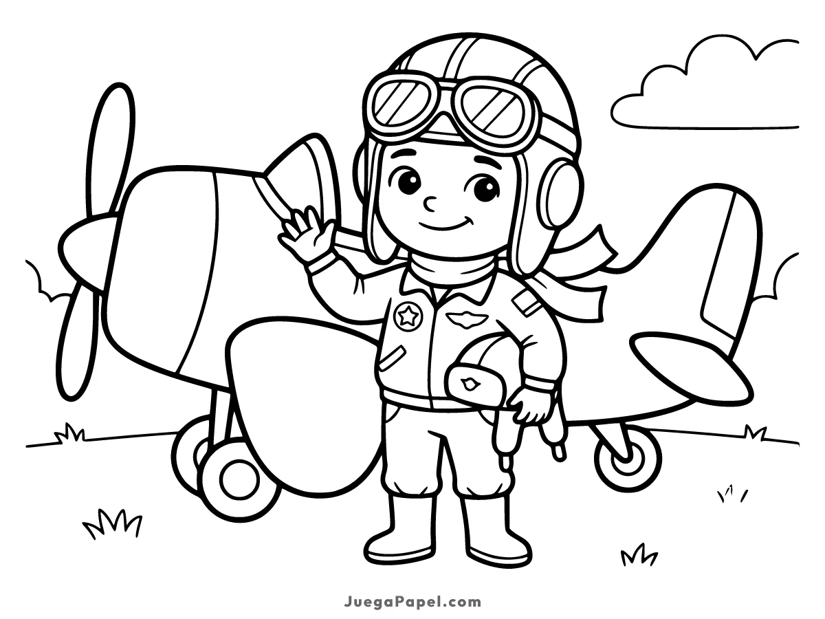 Dibujo para colorear e imprimir de Piloto de Avión con su Aeronave
