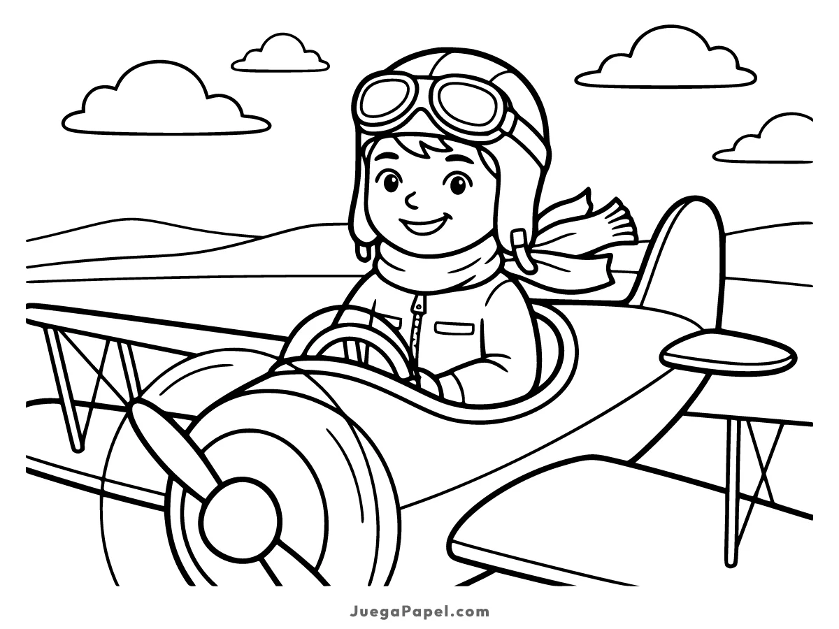 Dibujo para colorear e imprimir de Piloto Feliz Volando en su Avión Biplano