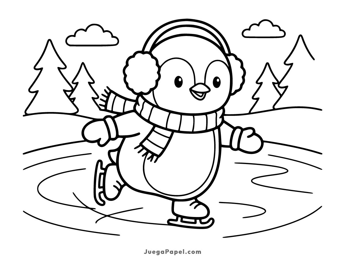 Dibujo para colorear e imprimir de Pingüino Con Orejeras Patinando Sobre Hielo