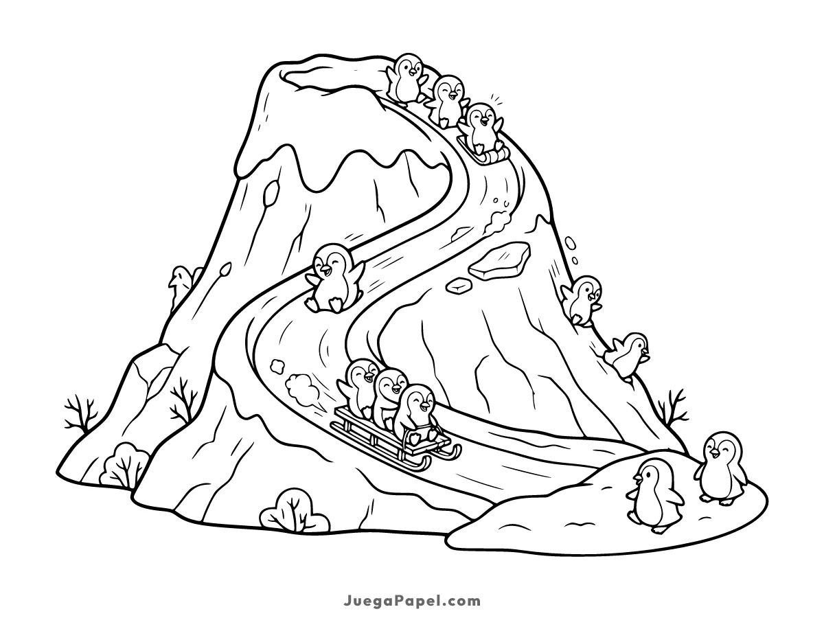 Dibujo para colorear e imprimir de Pingüinos Deslizandose por un Volcan Nevado