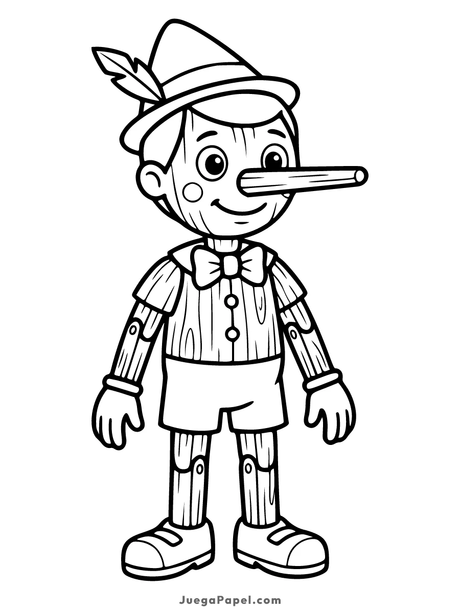 Dibujo para colorear e imprimir de Pinocho con su Nariz Larga y Sombrero con Pluma