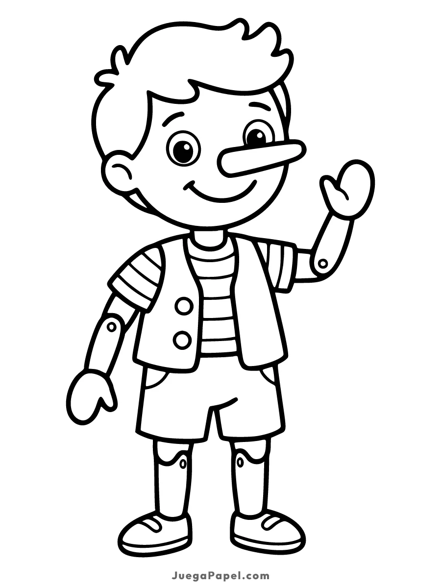 Dibujo para colorear e imprimir de Pinocho el Muñeco de Madera Saludando