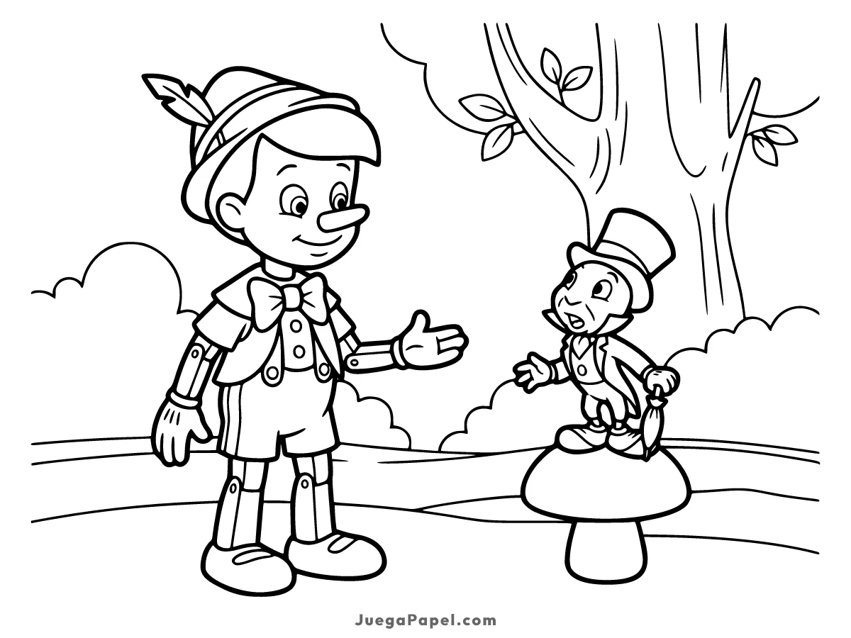 Dibujo para colorear e imprimir de Pinocho y Pepito Grillo