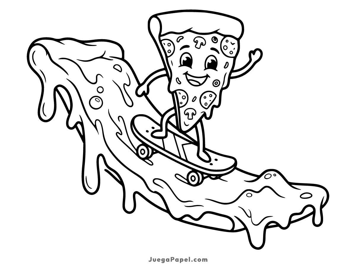 Dibujo para colorear e imprimir de Pizza en Patineta