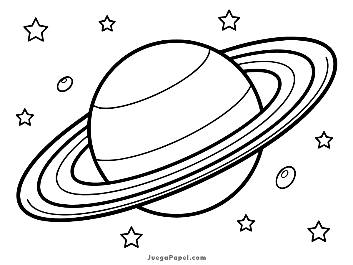 Dibujo para colorear e imprimir de Planeta Saturno con Anillos y Estrellas en el Espacio
