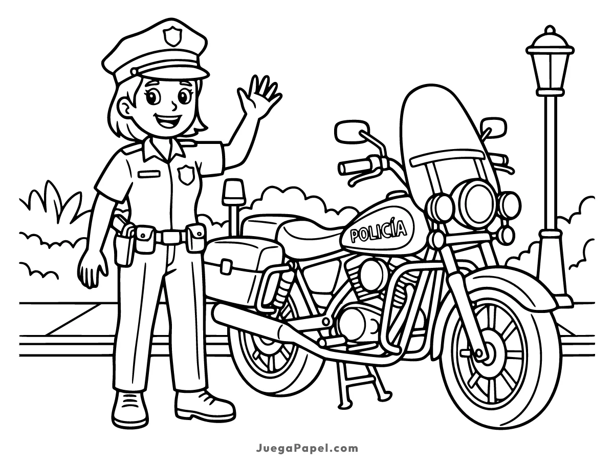 Dibujo para colorear e imprimir de Policía sonriente con su moto